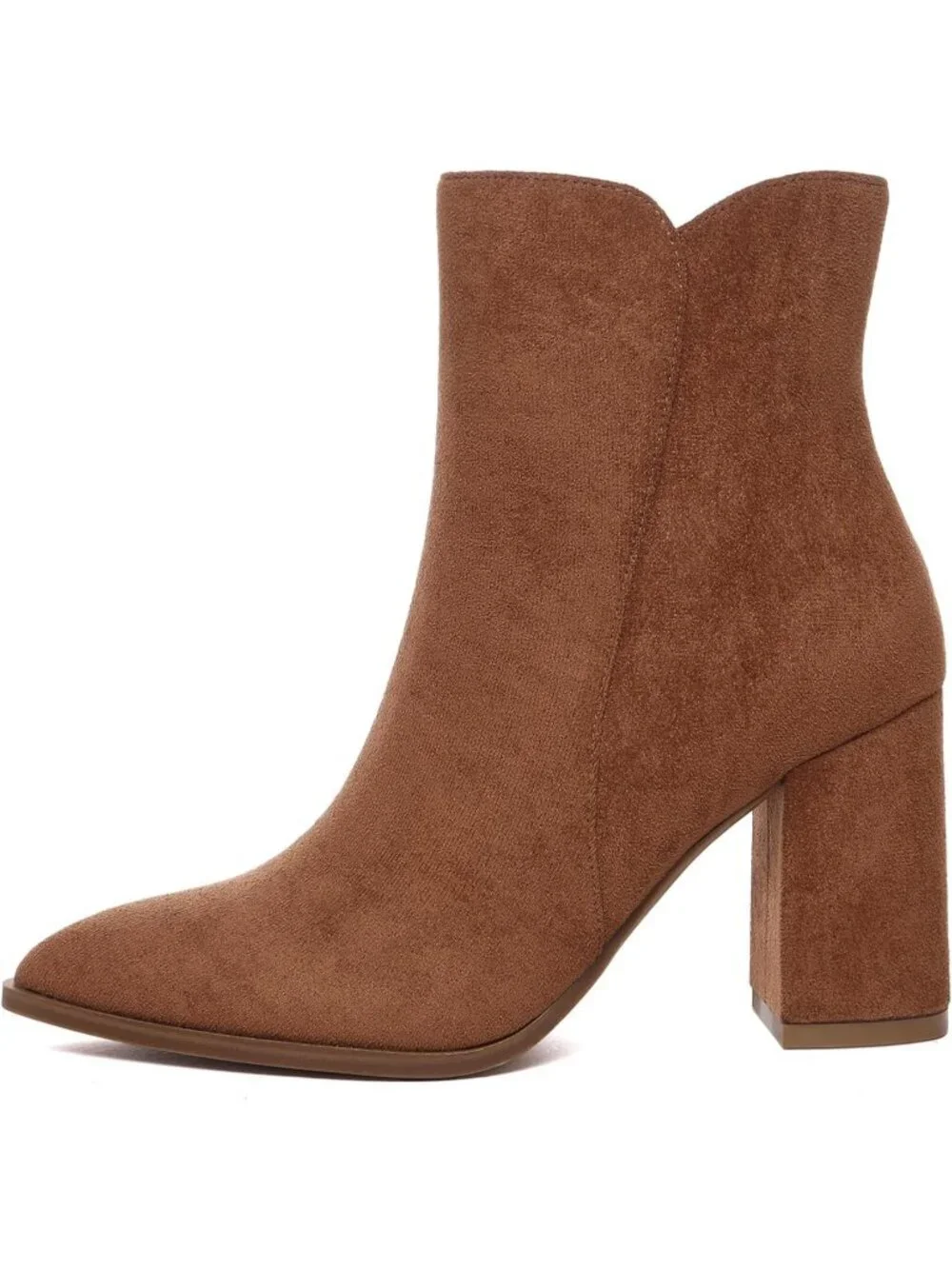 Women's Brown Fashion Pointed Toe Chunky Block Heel Side Zipper Short Ankle Boot